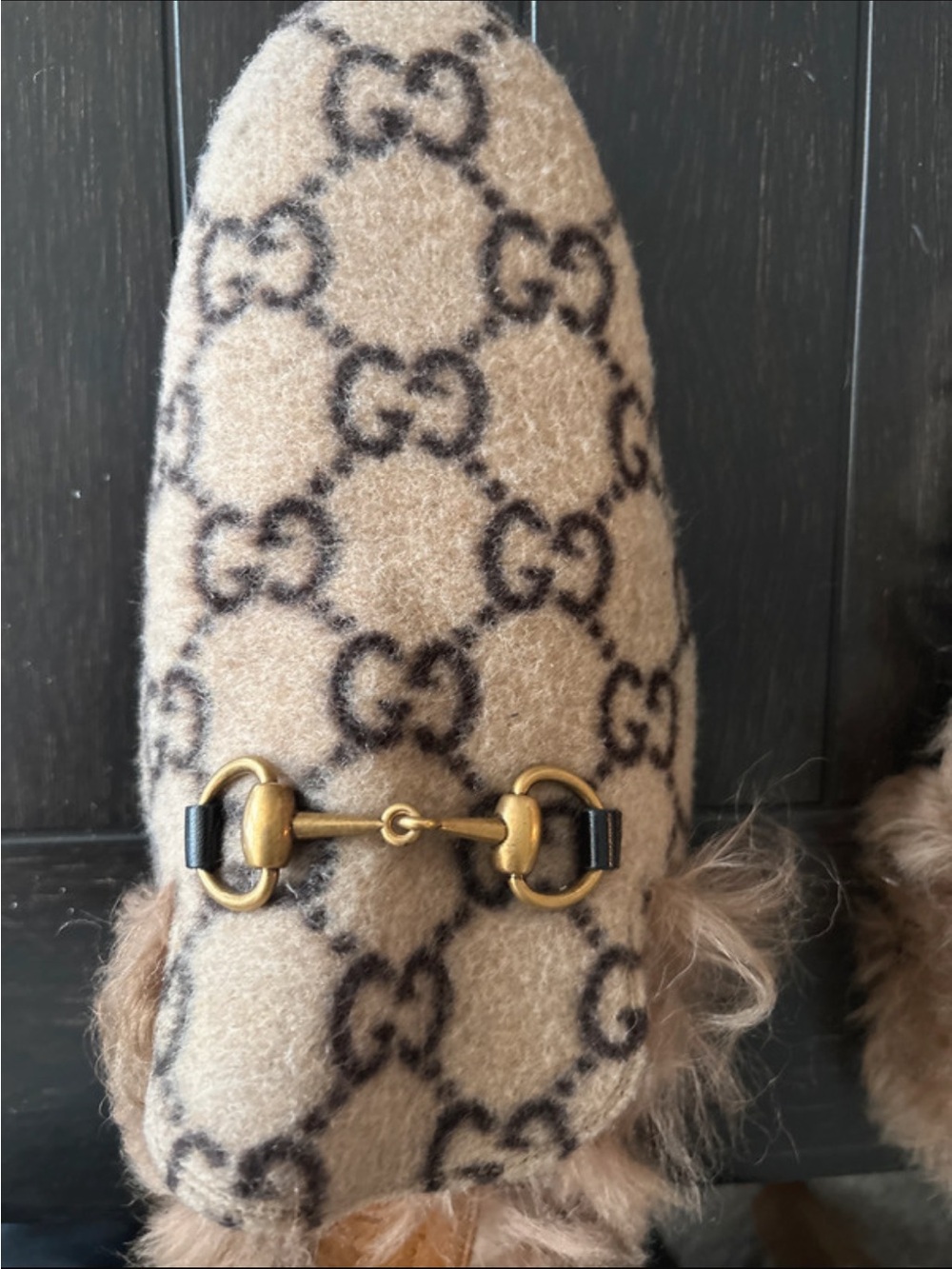 Gucci Beige and Brown GG Wool Mule with Gold Horsebit